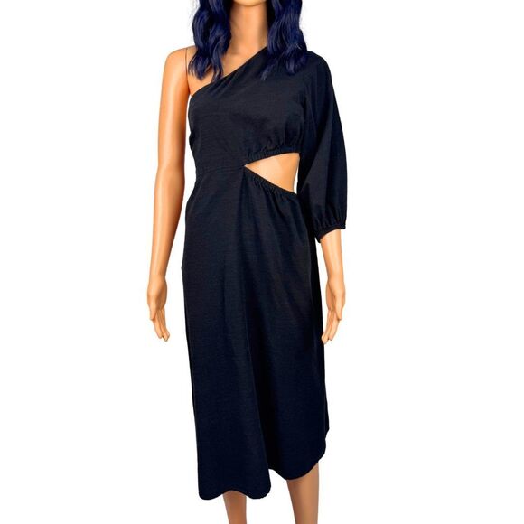 Crescent Black One Shoulder Cut Out Midi Dress Size Large - Picture 6 of 6